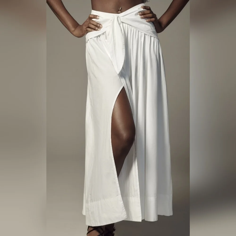 Anthropologie Poplin Tie Front Side Slit Midi Skirt in White Sz 1X NWT